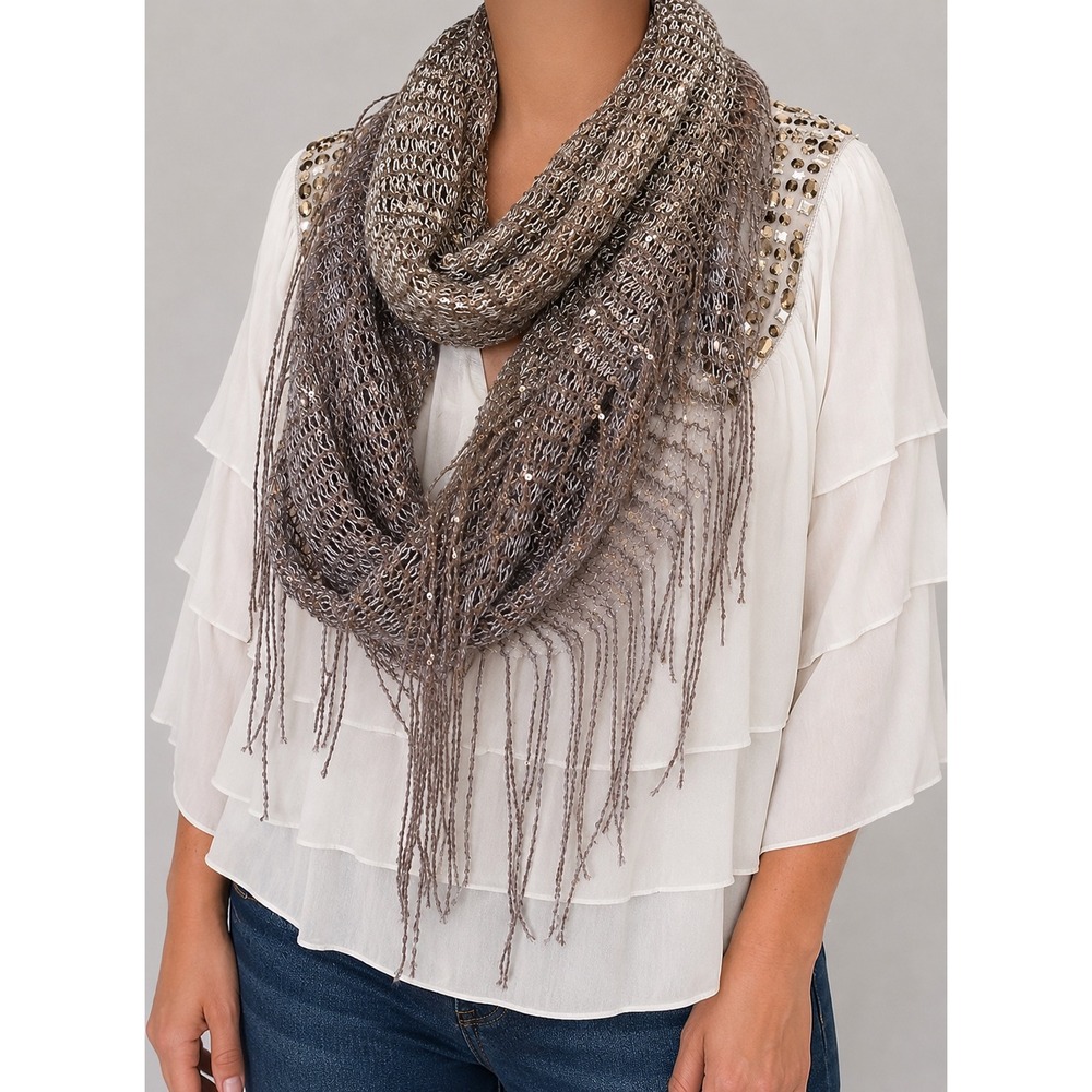 Lavender Beige Sequin Knit‎ Fringe Scarf Metallic Shimmer Wrap Shawl Boho